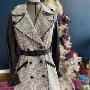 Rachel Zoe leather tweed trench. Black, white